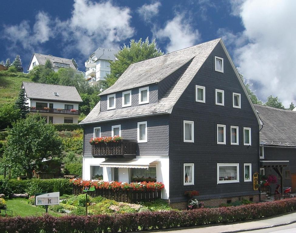 维林根Ferienwohnungen Schäferhaus, incl MeineCardPlus的一座黑白房子,在院子里种花
