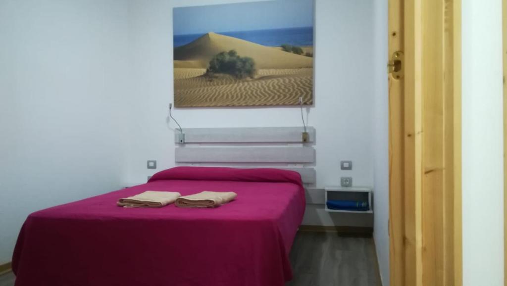阿里纳加Apartamento la piedra viva 2 arinaga的一间卧室配有一张紫色床和两条毛巾