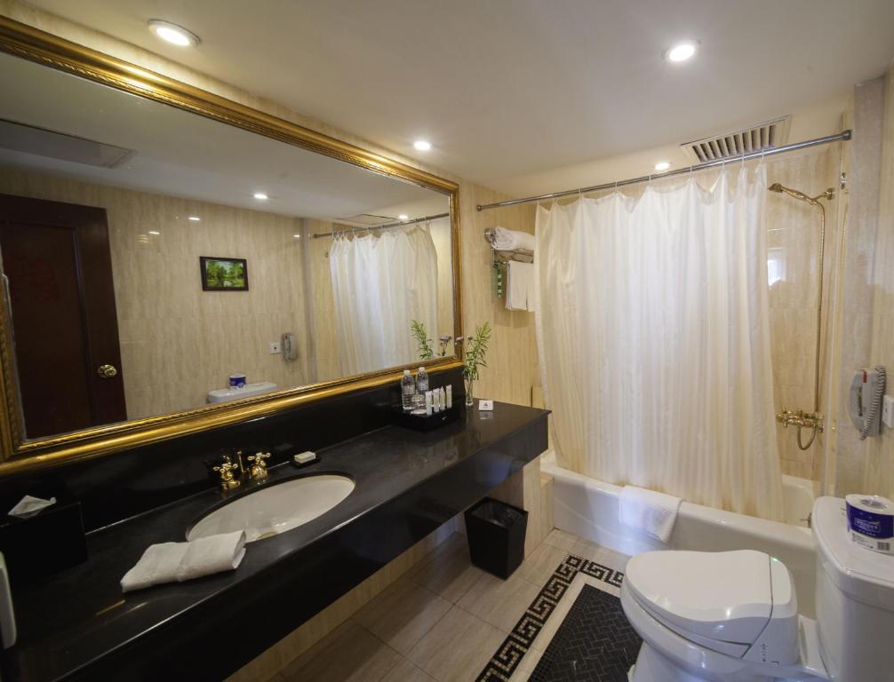上海上海锦江国际饭店的一间带水槽、卫生间和镜子的浴室