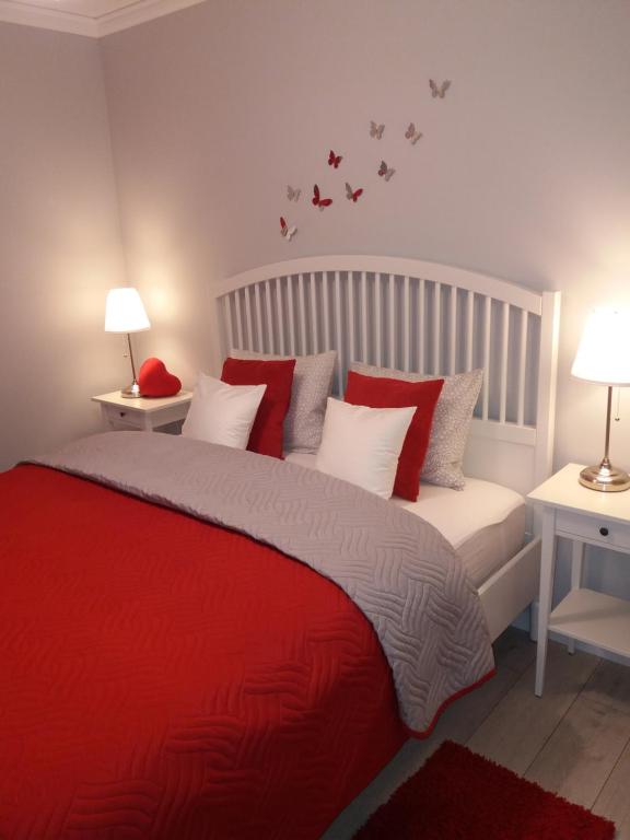奥斯威辛Apartament FAMILY- klimatyzacja的卧室配有红色的床,墙上有鸟