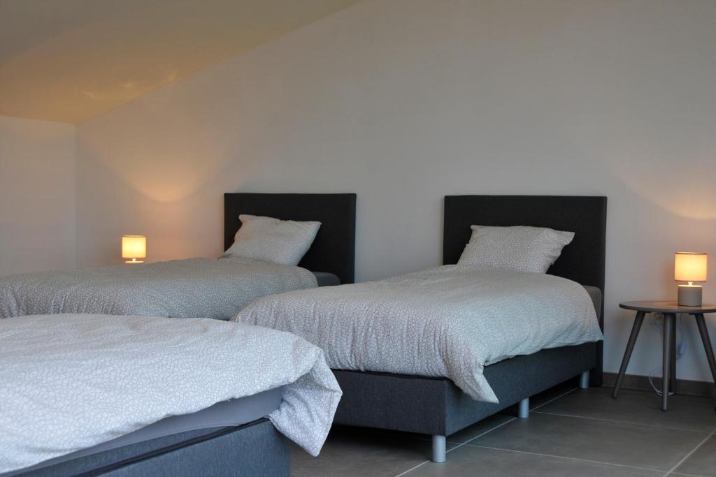 Mont-de-l'EnclusMaison la Belle Vue的一间卧室设有两张床和一张带台灯的桌子。