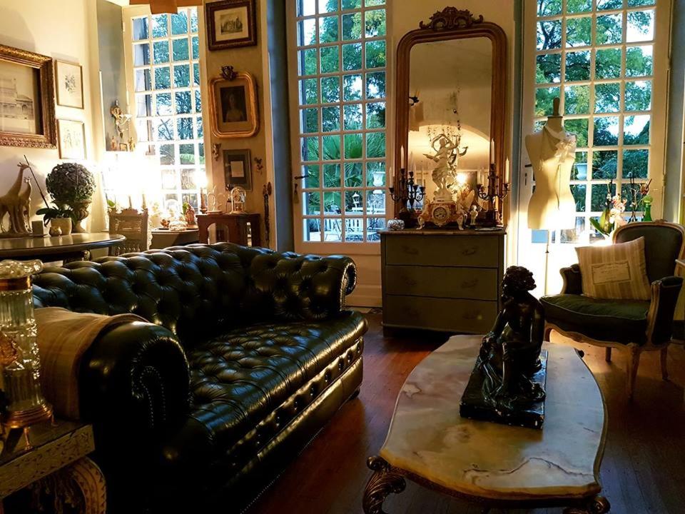 Labastide-dʼArmagnac雷帕茨别墅酒店的客厅配有真皮沙发和镜子