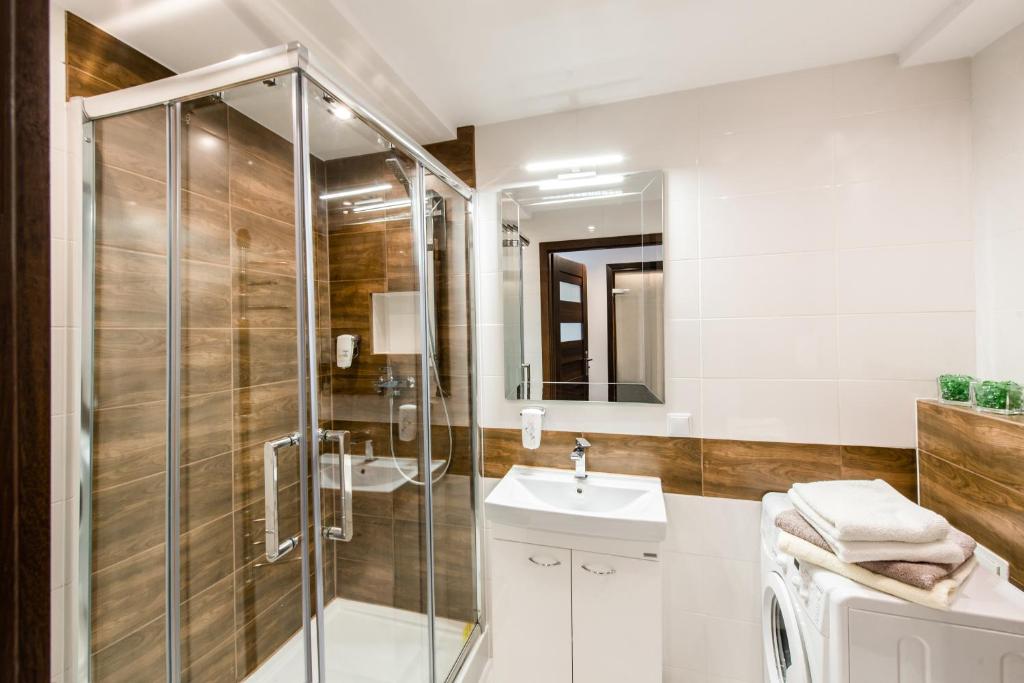 华沙斯莫尔纳阿尔玛公寓的带淋浴和盥洗盆的浴室