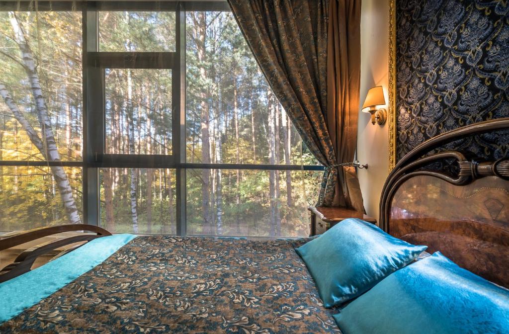 维尔纽斯Baltazaras的一间卧室设有一张床和一个大窗户