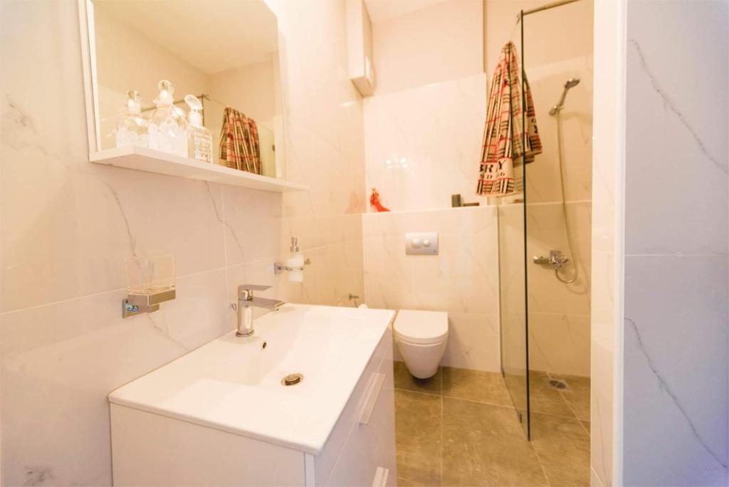 雅典Sandra"s Stay Penthouses with Acropolis View的白色的浴室设有水槽和卫生间。