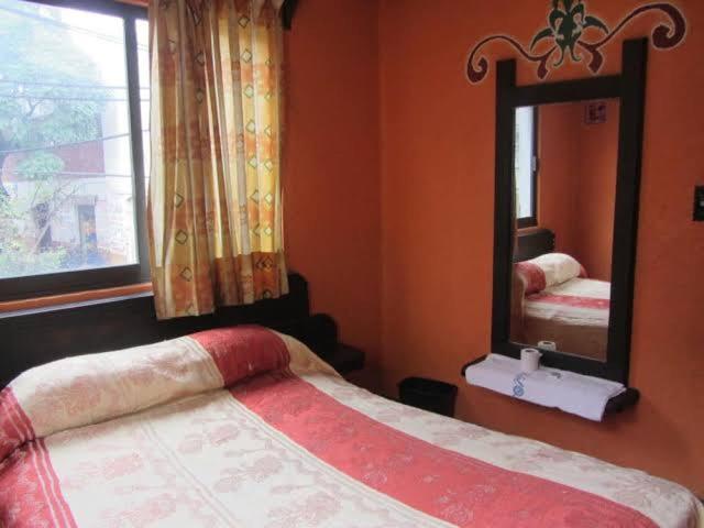 墨西哥城Hotel Recreo的一间带大镜子和床的卧室