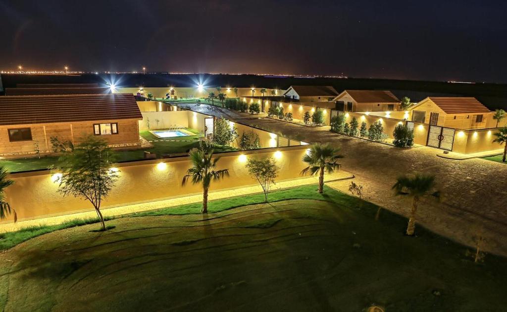 Riyadh Al KhabraJeeda Park Resort的一条棕榈树和灯光的街道