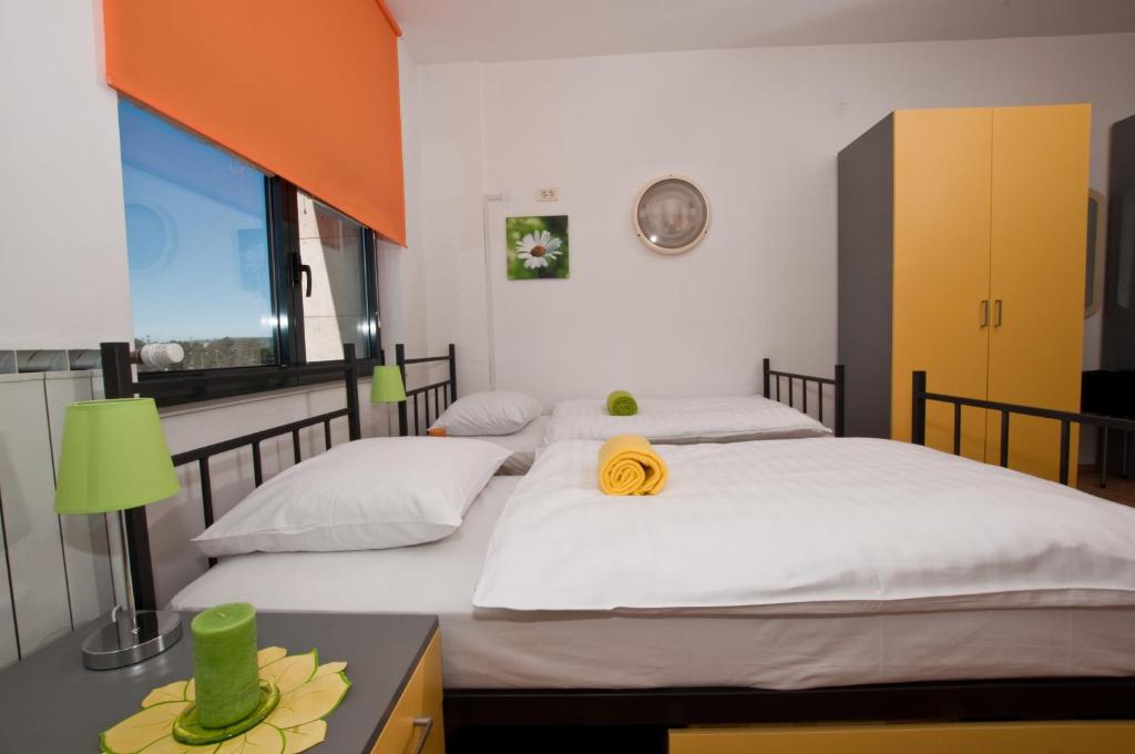 科佩尔港口汽车旅馆的带窗户的客房内设有两张单人床。