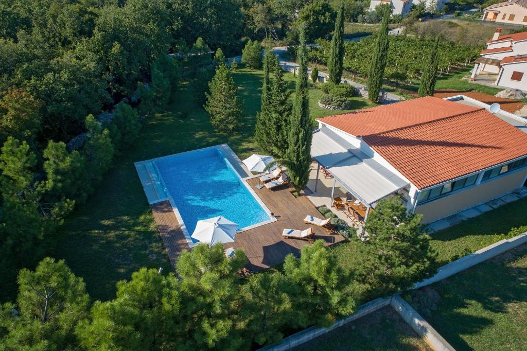 拉宾Villa Breg的享有带游泳池的房屋的空中景致