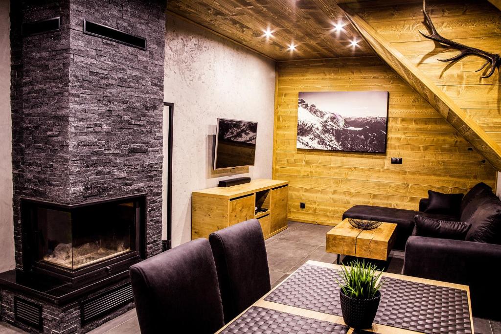 什恰夫尼察Apartament Mountain Chalet的客厅设有壁炉和沙发。