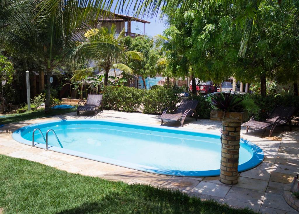 卡诺格布拉达Pousada Morada do Sol的庭院中棕榈树的游泳池