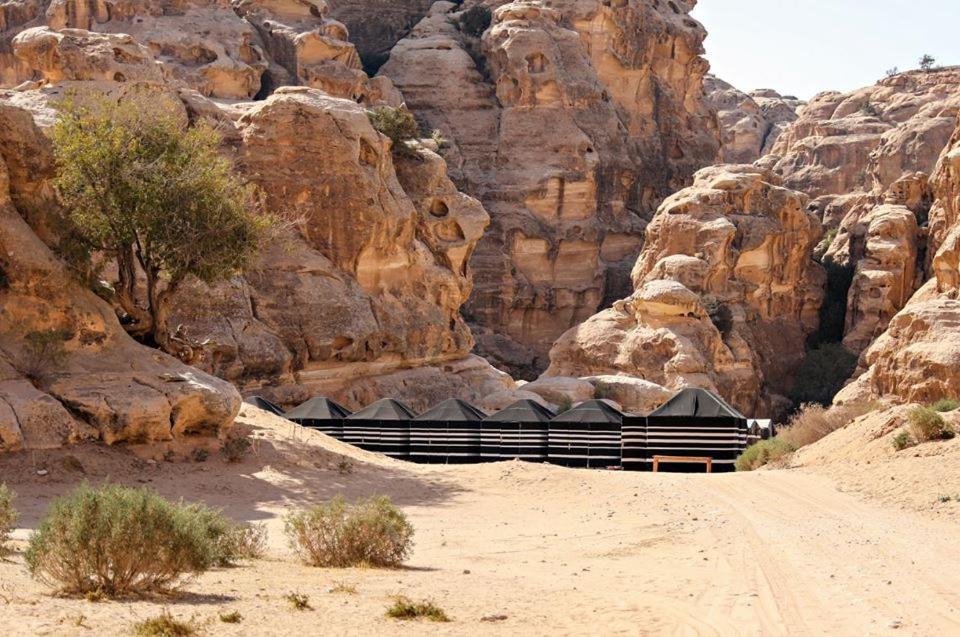 瓦迪穆萨Ammarin Bedouin Camp的沙漠中一座岩石山,有一座建筑
