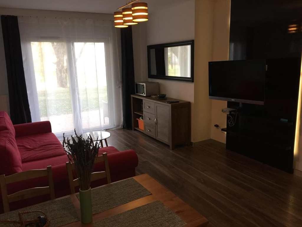 韦伦采Azur Apartman的客厅配有红色沙发和平面电视