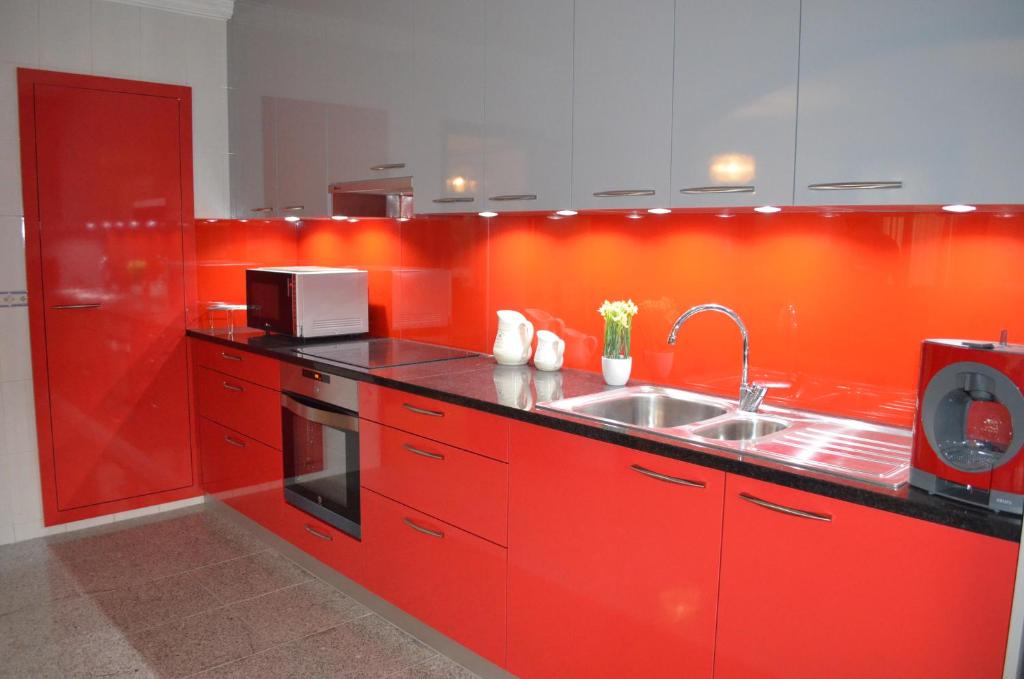 圣玛丽亚大德费拉Apartamento Arosa的红色的厨房配有水槽和微波炉