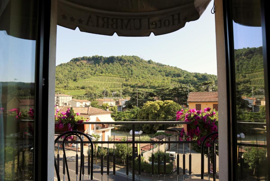 奥维多翁布里亚餐厅酒店的窗户享有山景。