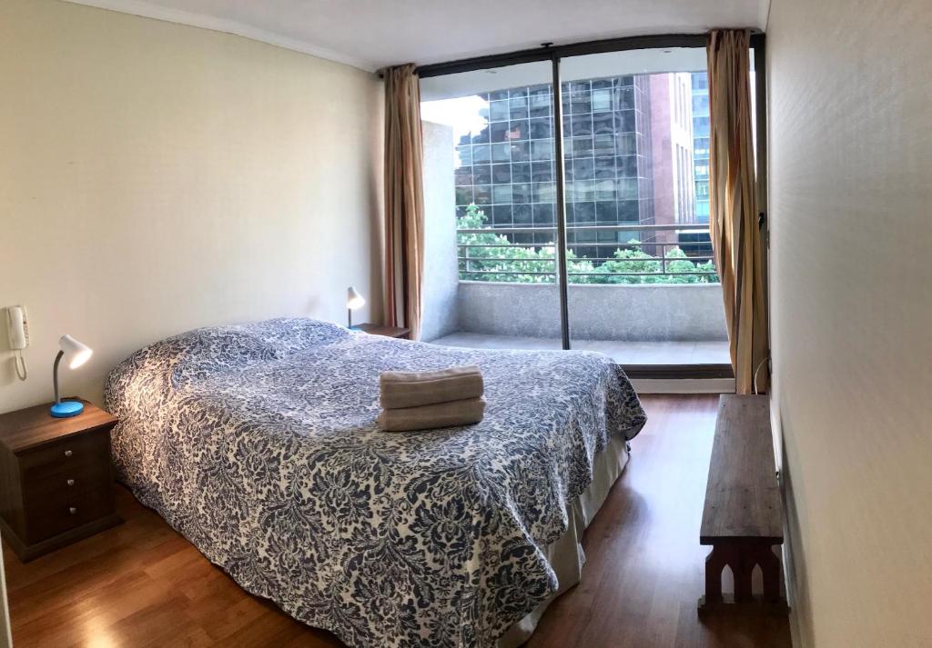 圣地亚哥Mirando a Parque Arauco的一间卧室设有一张床和一个大窗户