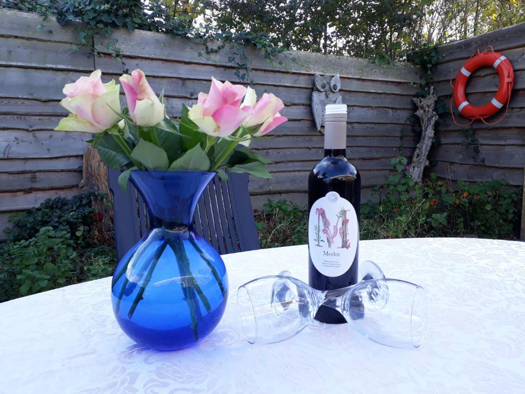 Midden-EierlandPrivate Logies Texel Woodart的蓝色花瓶,有粉红色玫瑰和一瓶葡萄酒