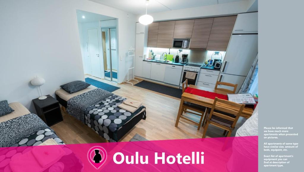 奥卢奥卢酒店式公寓的一间小公寓,设有厨房和客厅