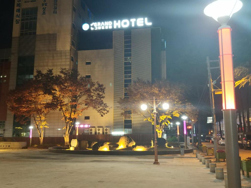 大邱New Grand Hotel的晚上酒店前的街道灯