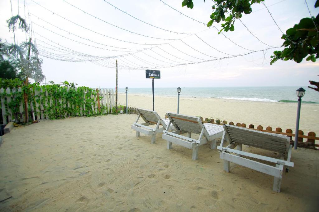 阿勒皮Shalom Beach Residency的坐在海边的三张长椅