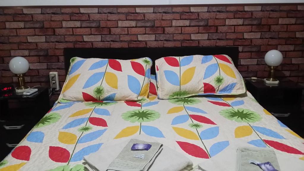 弗赖本托斯Apart 1452的一张带两个枕头的床和一张带