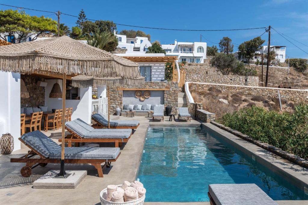 普拉迪斯亚罗斯Trinity Mykonos - Villa & Beachfront Boutique Hotel的一个带游泳池和庭院的别墅