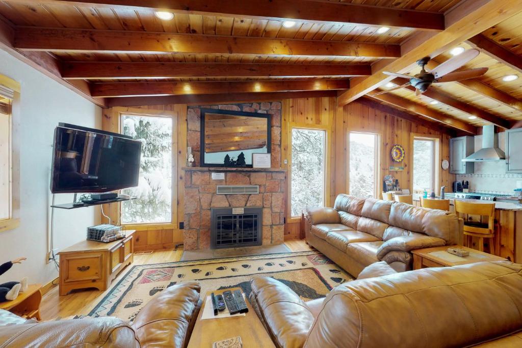 Green Mountain FallsChipmunk Cabin的客厅配有真皮沙发和壁炉