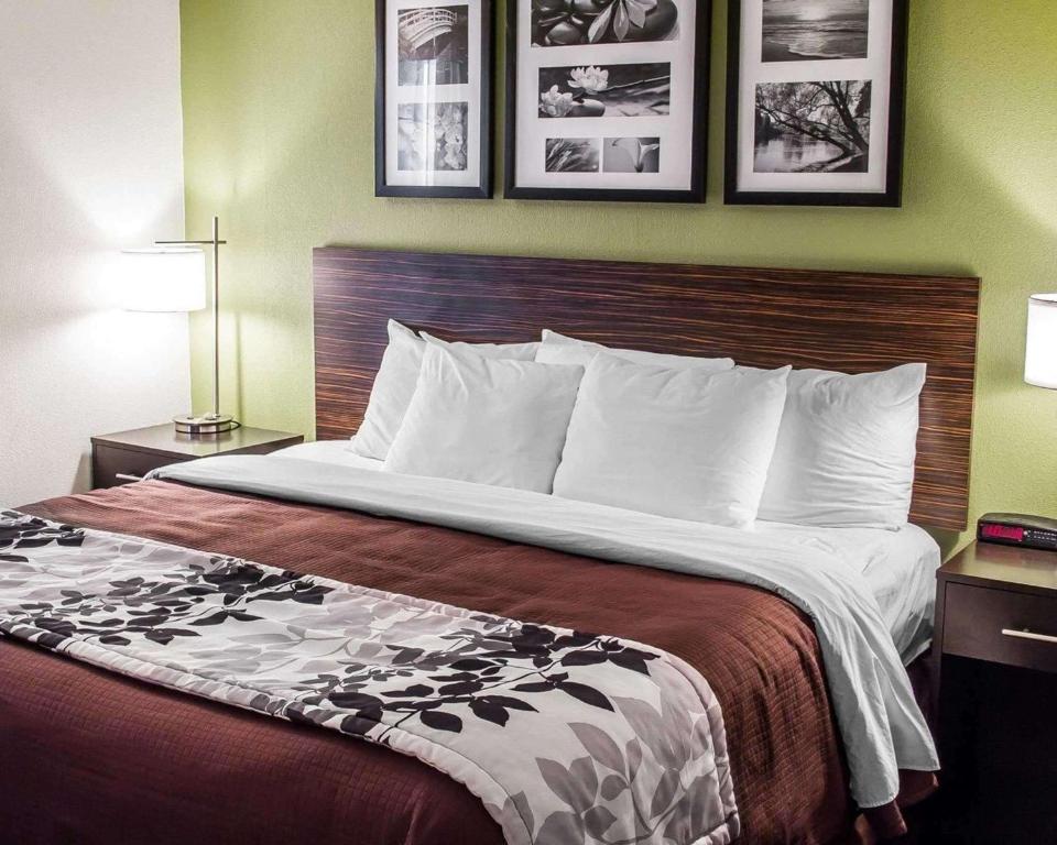 罗斯堡Sleep Inn & Suites Roseburg North Near Medical Center的一间卧室配有一张大床,设有两个床头柜和两盏灯