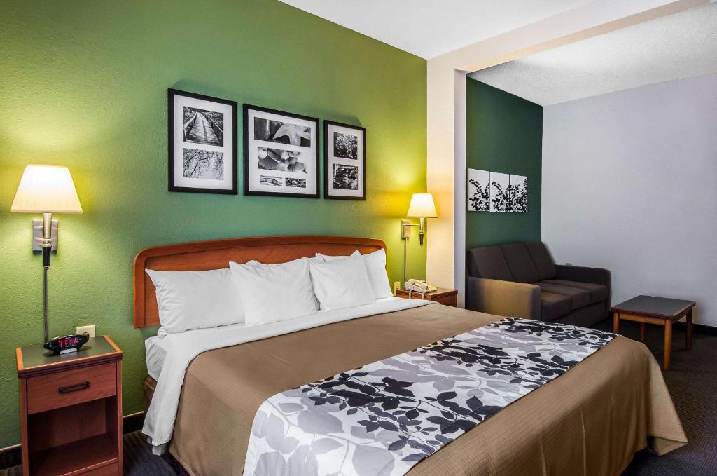 丹维尔Sleep Inn & Suites Danville Hwy 58的配有一张床和一把椅子的酒店客房