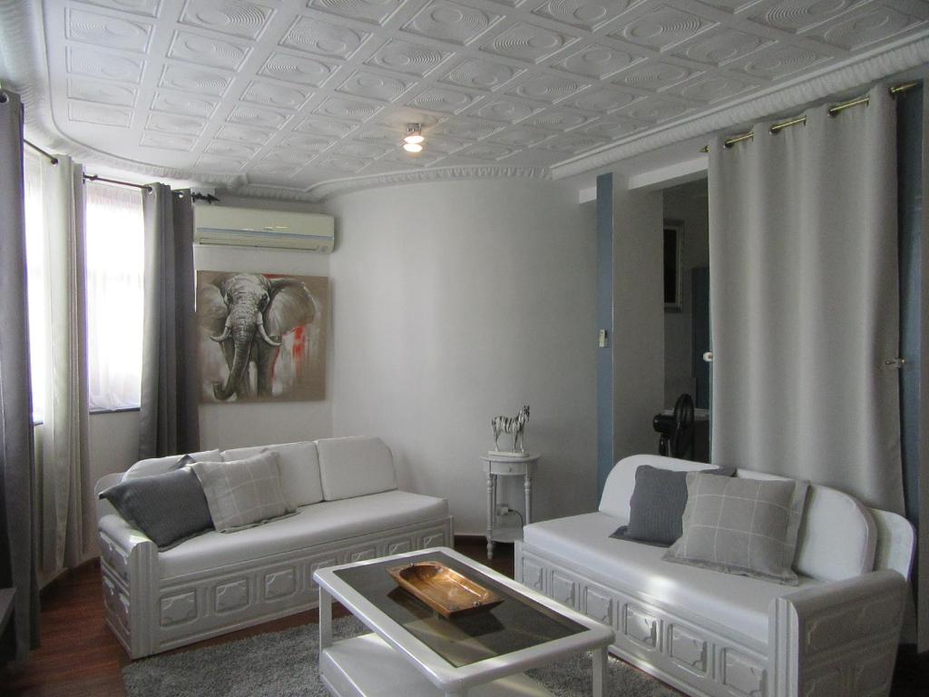 阿比让Hotel Le Griffon的客厅配有2张白色沙发和大象绘画