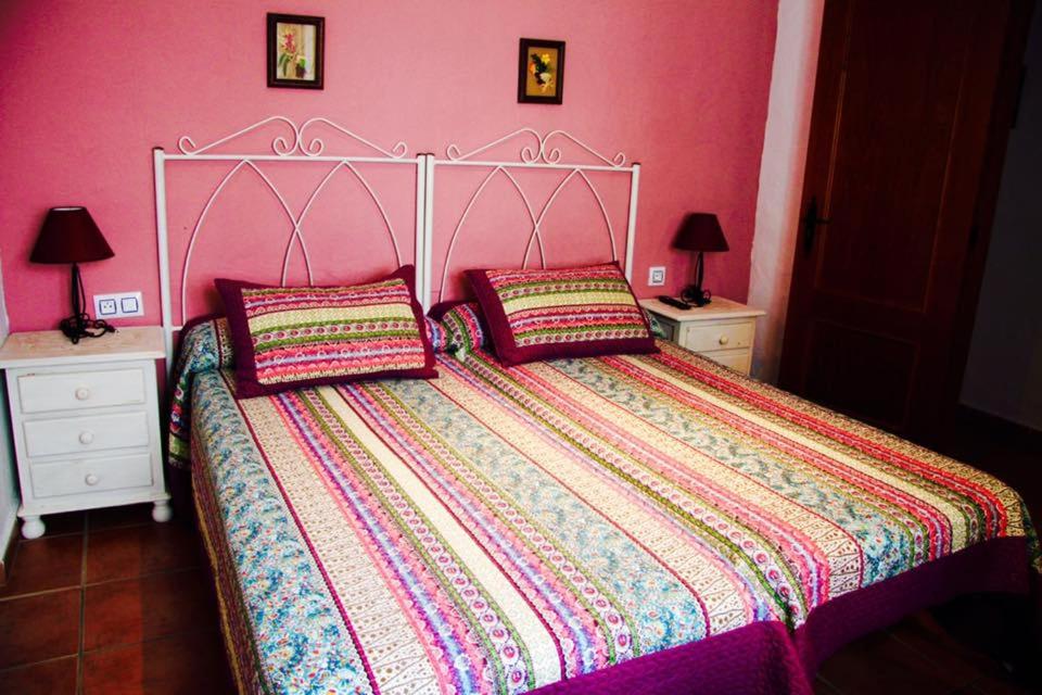 萨阿拉德洛斯阿图内斯Hostal El Espinel的卧室配有一张带粉红色墙壁的大床