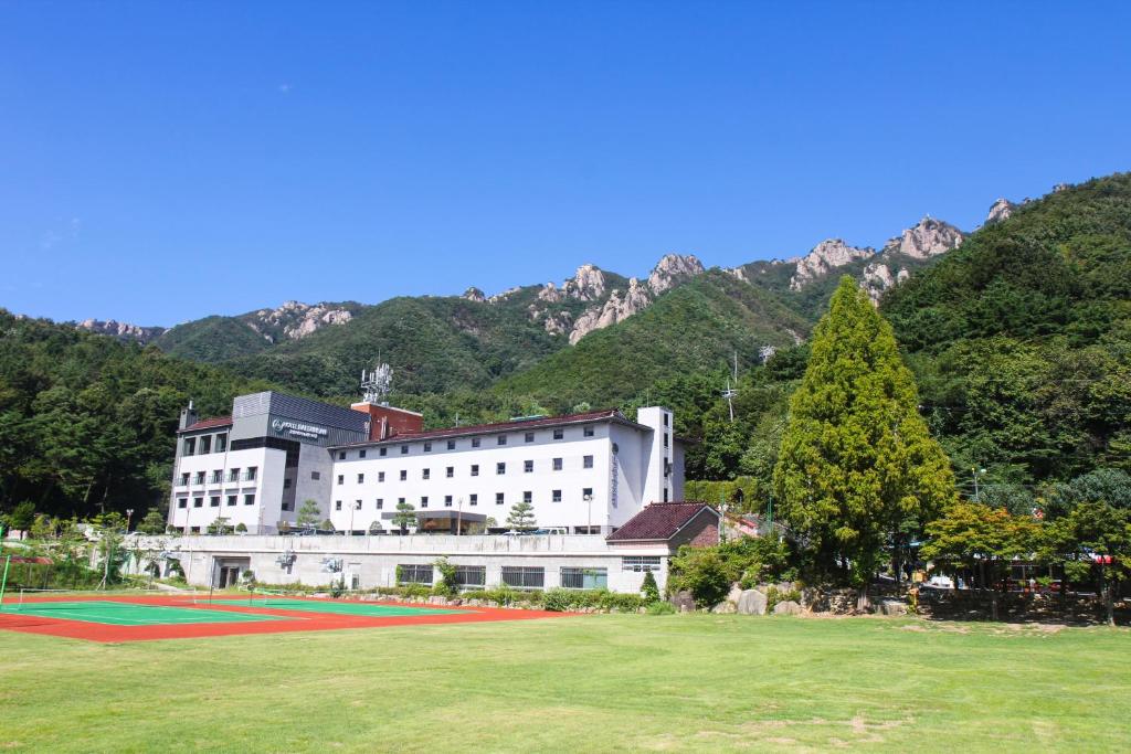 WanjuDaedunsan Hotel的一座白色的大建筑,山前有一片田野