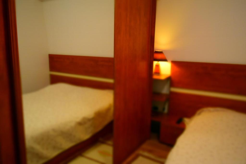 别拉什尼察Vučko Apartment的小房间设有两张床和镜子