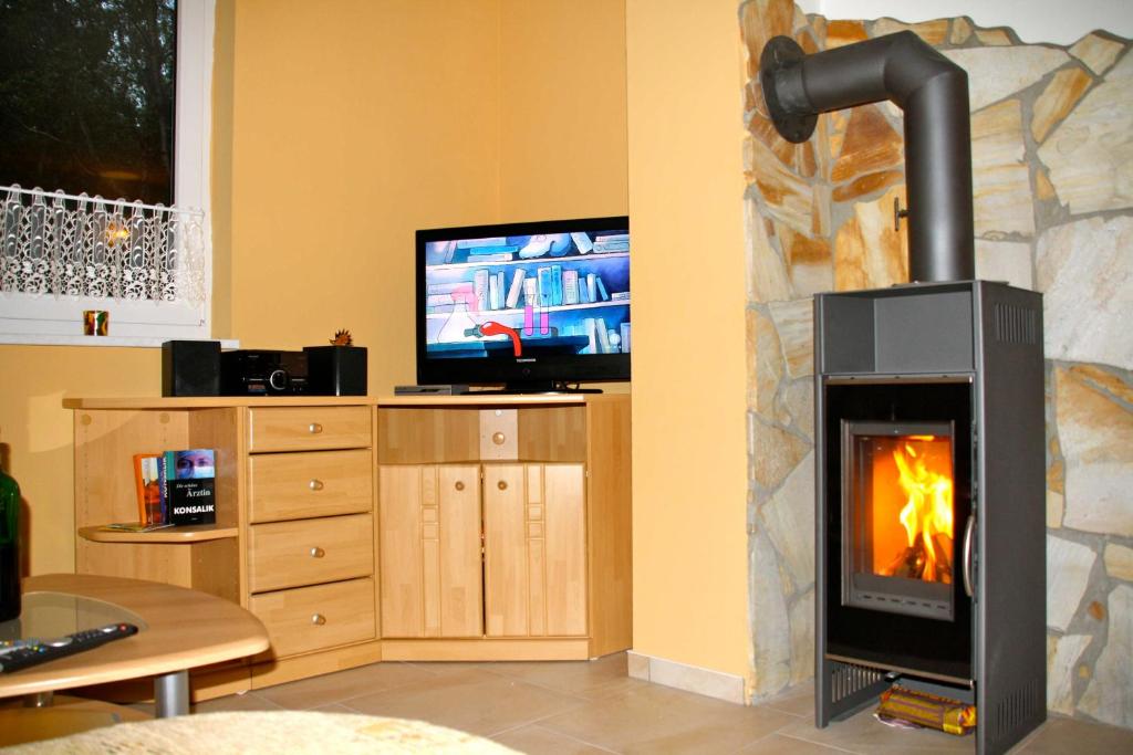 卡尔斯哈根Haus Ostseekueste的客厅设有壁炉,配有电视