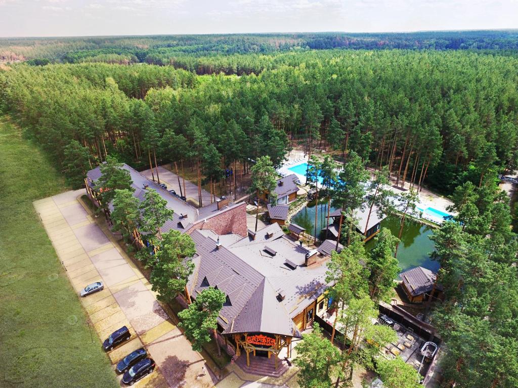 Tsarivka卡里维卡酒店的享有带游泳池的房屋的空中景致