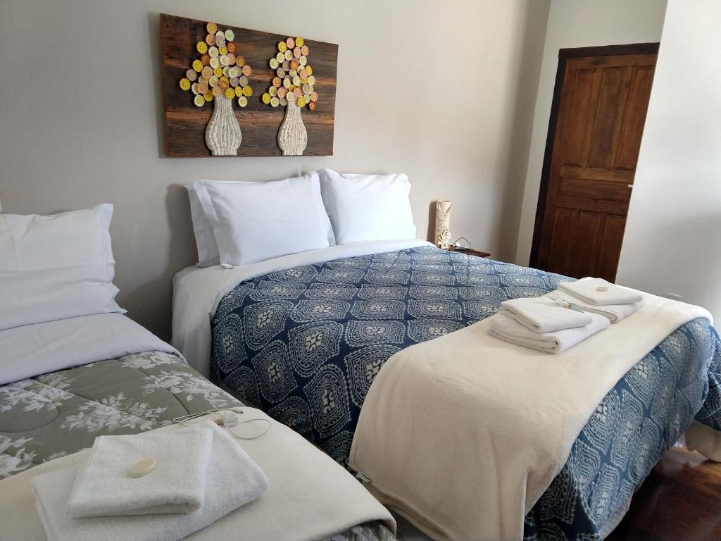 蒂拉登特斯Pousada Sinhá Vilaça的一间卧室配有两张带毛巾的床