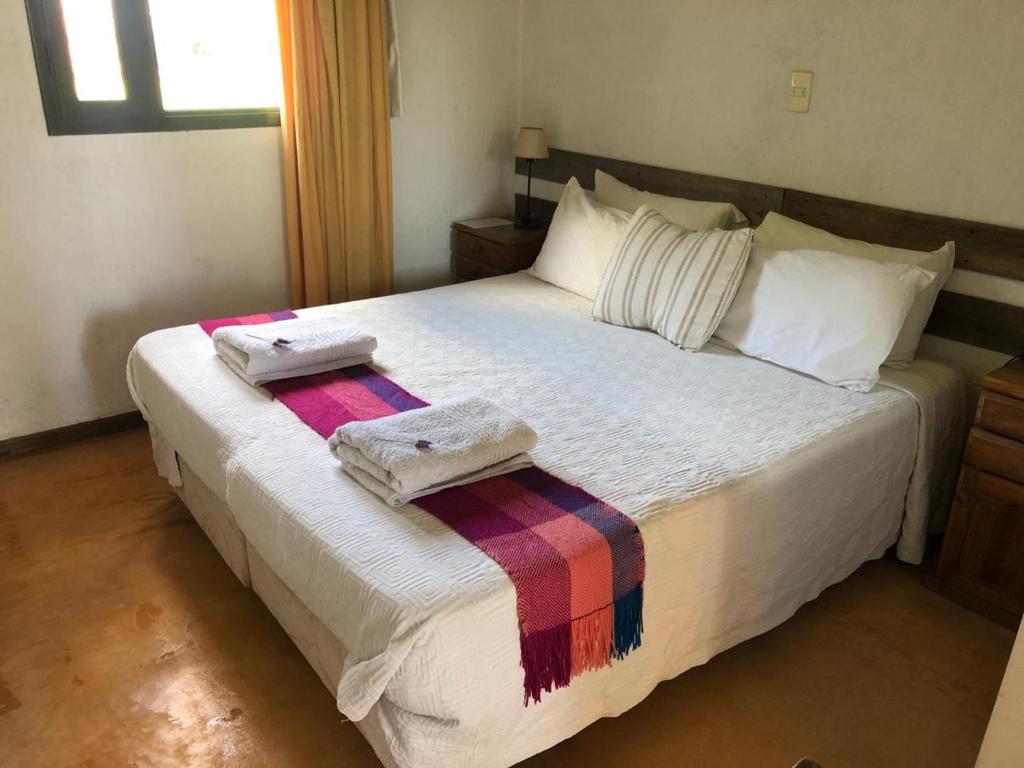 迈普Tikaykilla Lodge & Wines的一间卧室配有一张大床和两条毛巾