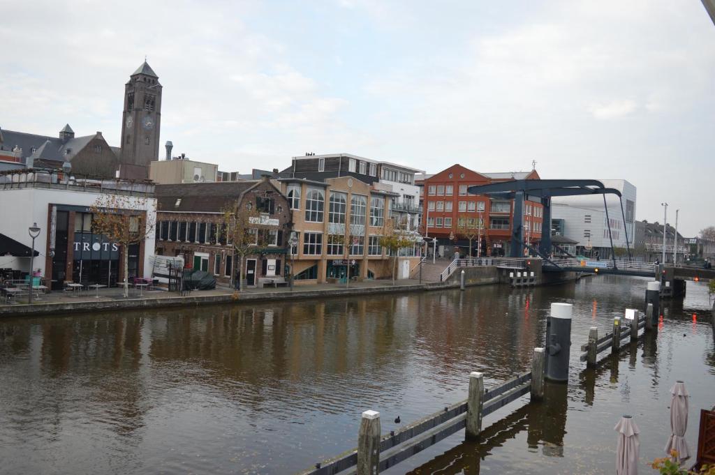 莱茵河畔阿尔芬Rijnzicht的一座有河流的城市,有建筑物和桥梁