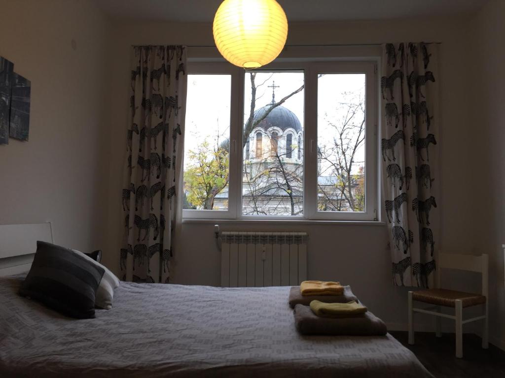 索非亚Sweet home in the heart of Sofia的一间卧室设有一张床和一个大窗户
