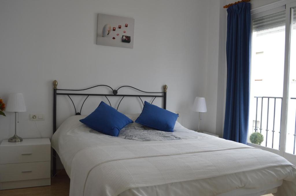 阿达莱斯Apartamento Steven的一间卧室配有一张带蓝色枕头的大床