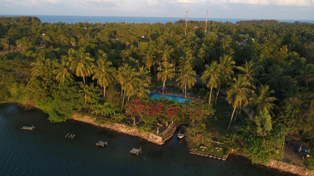 拜蒂克洛里维埃拉度假酒店的享有度假村的空中景致,设有游泳池和棕榈树