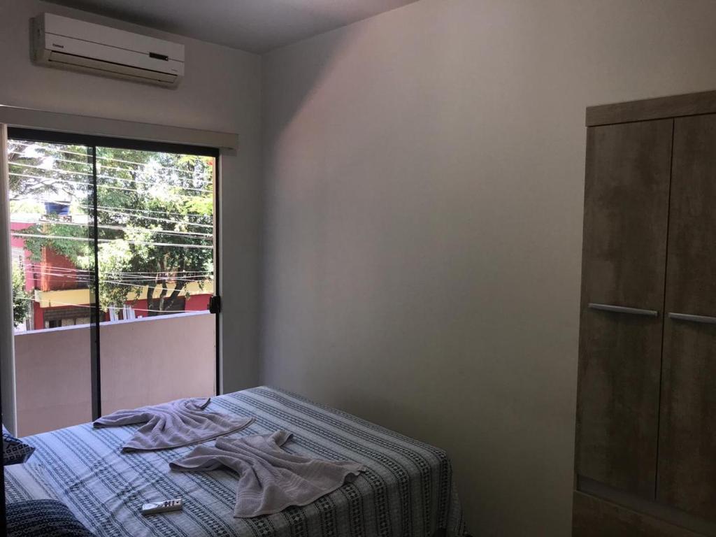 伊瓜苏Suite Cardoso的一间卧室设有一张床和一个窗口