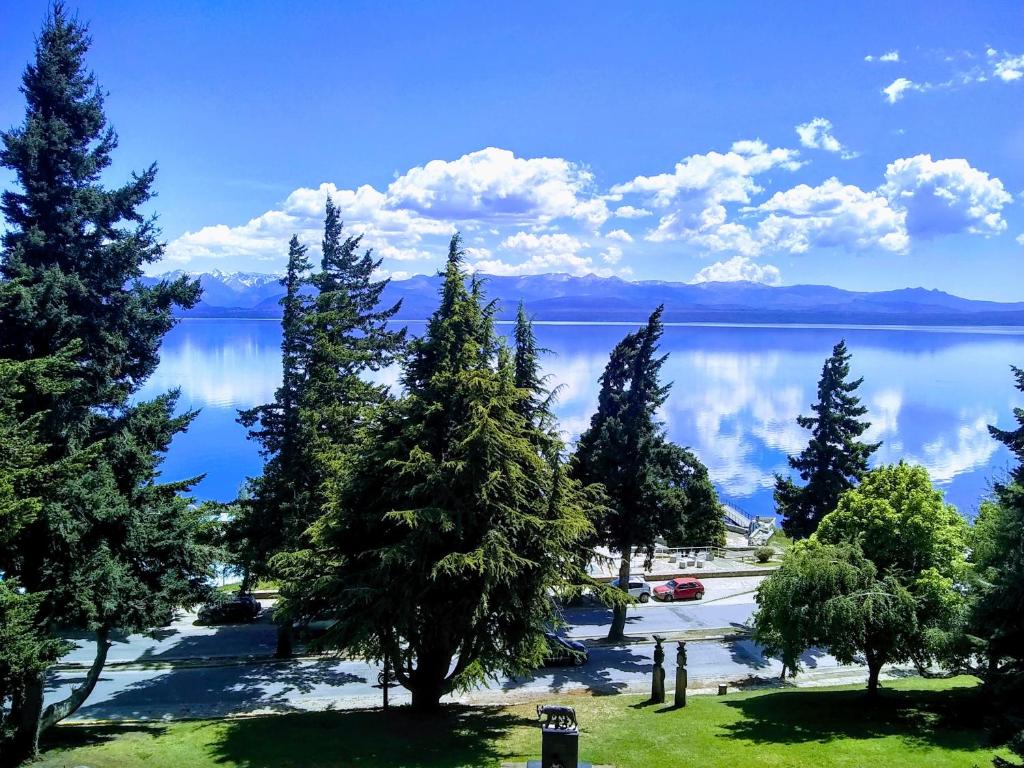 圣卡洛斯-德巴里洛切Departamento Vista Huapi的享有前方树木繁茂的湖泊美景