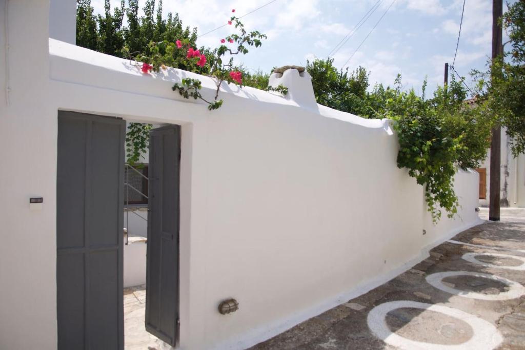 ChóraVillage House in Hora-Pythagorio, Samos Island的白色的房子,有黑色的门和鲜花