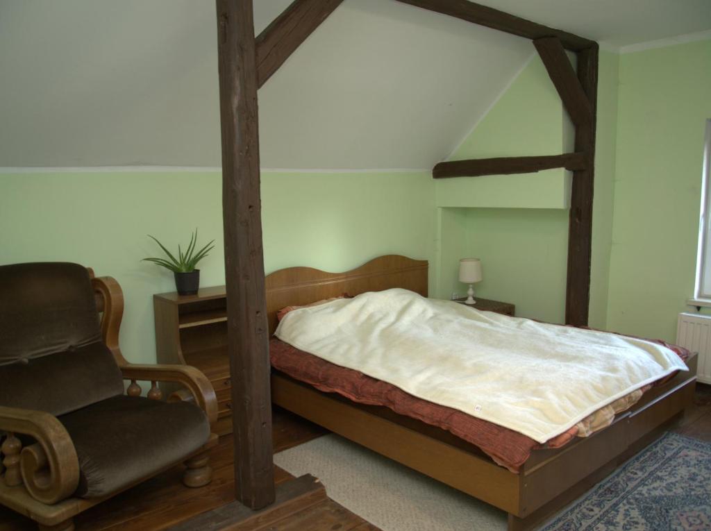 SierpnicaDziki domek的一间卧室配有一张天蓬床和一把椅子