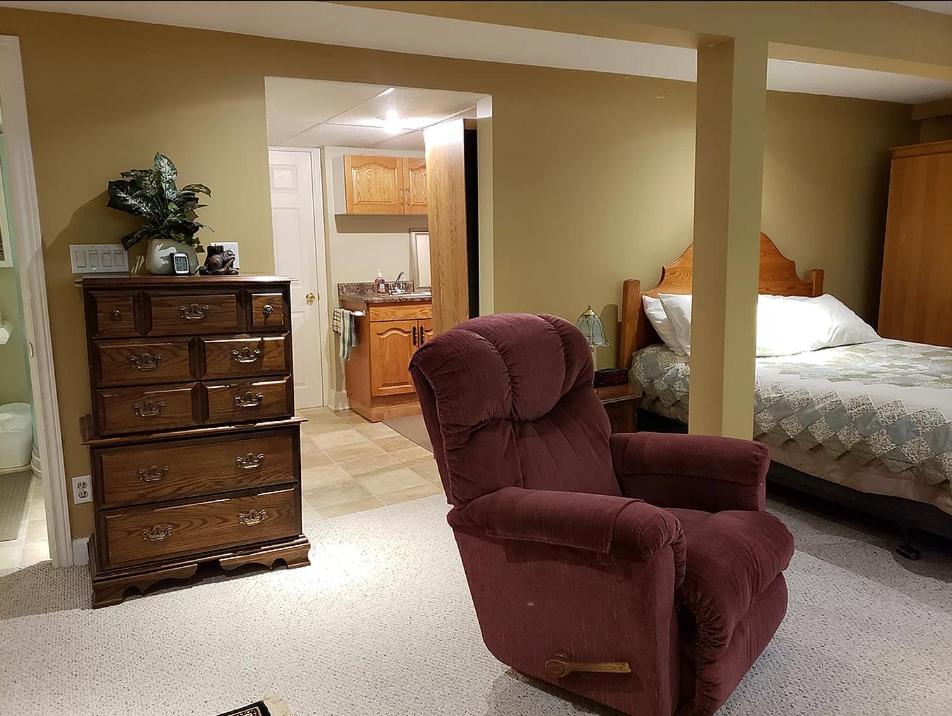 基奇纳林山住宿加早餐旅馆的一间卧室配有一张床、一把椅子和一个梳妆台