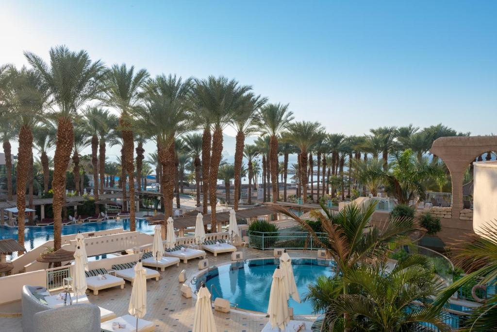 埃拉特Herods Vitalis Spa Hotel Eilat a Premium collection by Fattal Hotels的棕榈树度假村的游泳池景