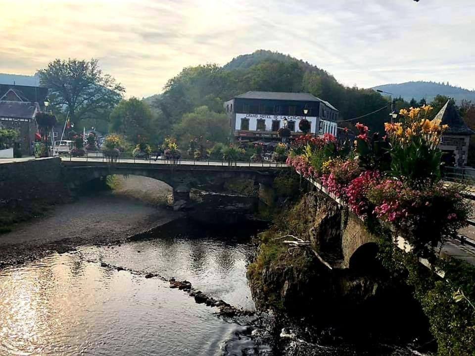 斯塔沃洛Au sommet de la cascade的鲜花横跨河流的桥梁