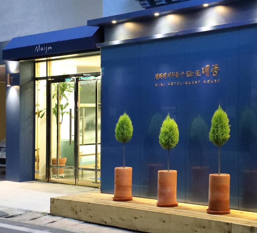庆州Maison Mini Hotel的前面有三棵树的蓝色建筑