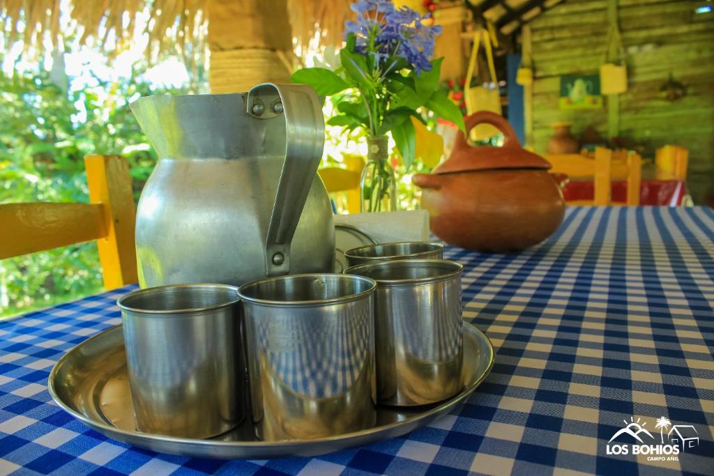 哈拉瓦科阿Los Bohios Campo Añil的桌上装有四杯的盘子,放一个榨汁机